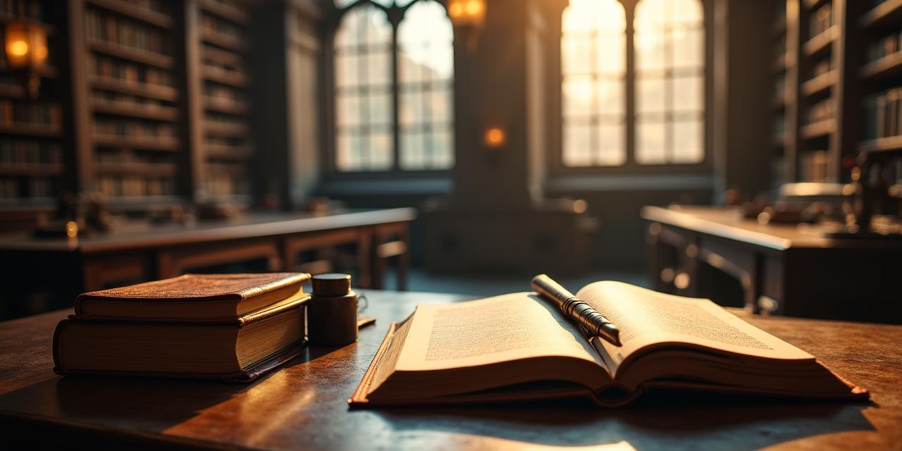 Antica scrivania con piuma e calamaio in una nobile biblioteca europea
